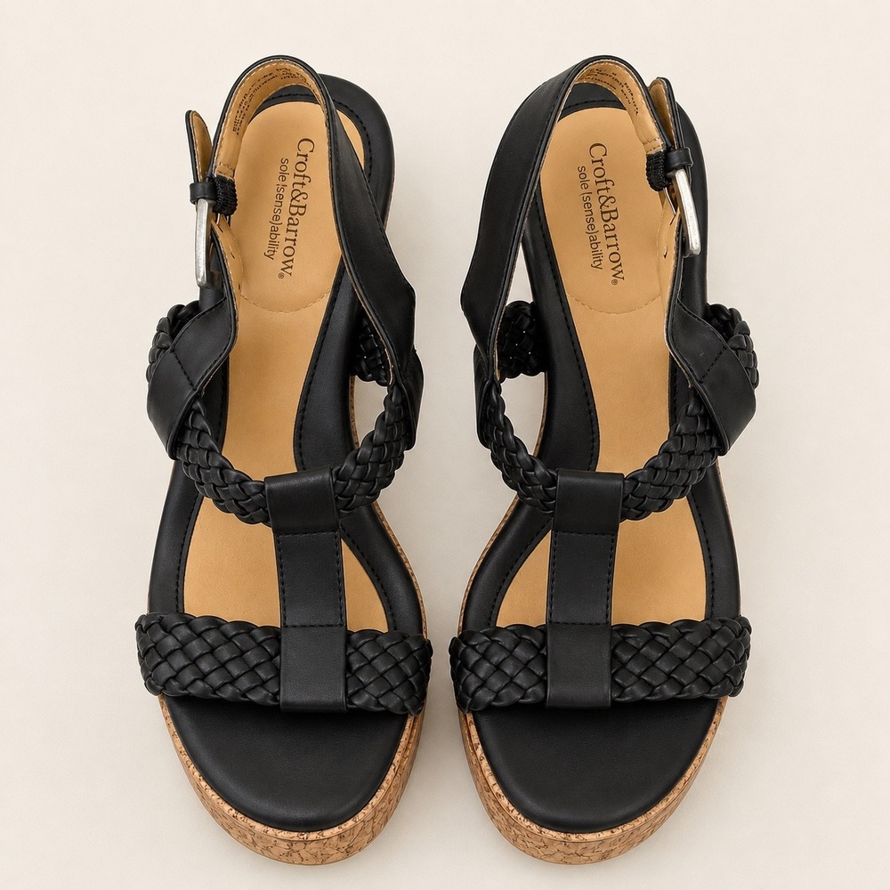 Croft & Barrow Black Braided T-Strap Cork Wedge Sandals Womens 6 Med Boho Resort